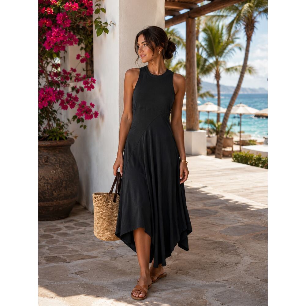 Free People Beach Main Street MIDI Black Cotton Racerback Asymmetrical Dress XS